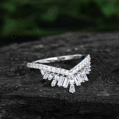 Vintage baguette cut moissanite wedding band 14k white gold half eternity crown curved V shaped wedding ring band women anniversary ring