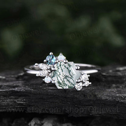 1ct Hexagon cut green moss agate ring gold silver cluster unique engagement ring for women opal alexandrite marquise diamond wedding ring