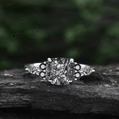 Vintage cushion cut black rutilated quartz ring rose gold unique engagement ring women marquise cut ring black diamond promise ring her gift