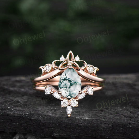 Unique wedding ring set pear shaped green moss agate engagement ring set vintage diamond ring set rose gold women cluster marquise cut ring