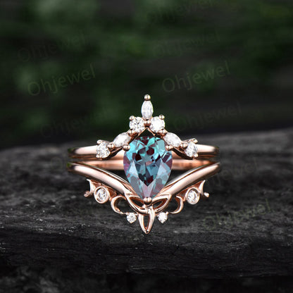 Unique promise ring set pear shaped Alexandrite engagement ring set 14k rose gold vintage diamond ring set women cluster marquise cut ring