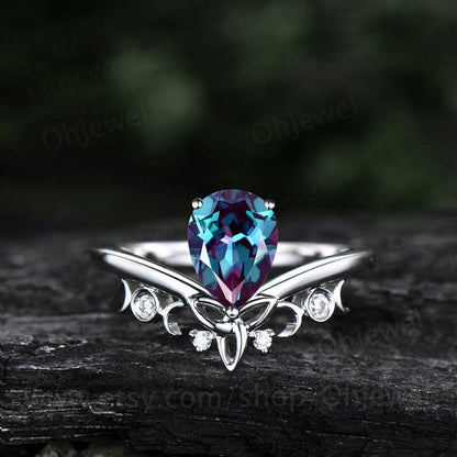 Unique promise ring set pear shaped Alexandrite engagement ring set 14k rose gold vintage diamond ring set women cluster marquise cut ring