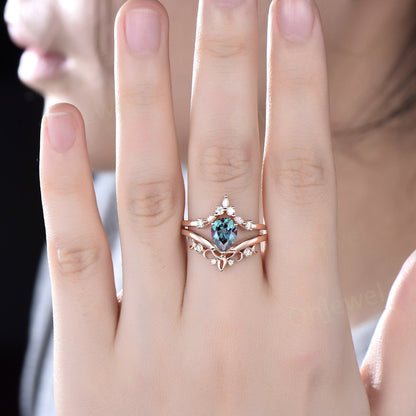 Unique promise ring set pear shaped Alexandrite engagement ring set 14k rose gold vintage diamond ring set women cluster marquise cut ring