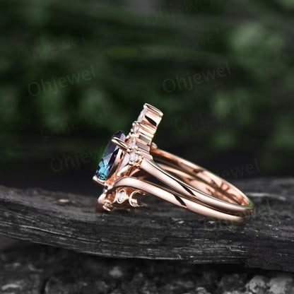 Unique promise ring set pear shaped Alexandrite engagement ring set 14k rose gold vintage diamond ring set women cluster marquise cut ring