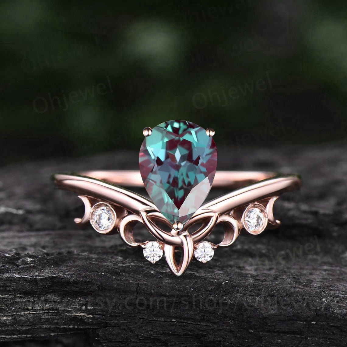 Unique promise ring set pear shaped Alexandrite engagement ring set 14k rose gold vintage diamond ring set women cluster marquise cut ring
