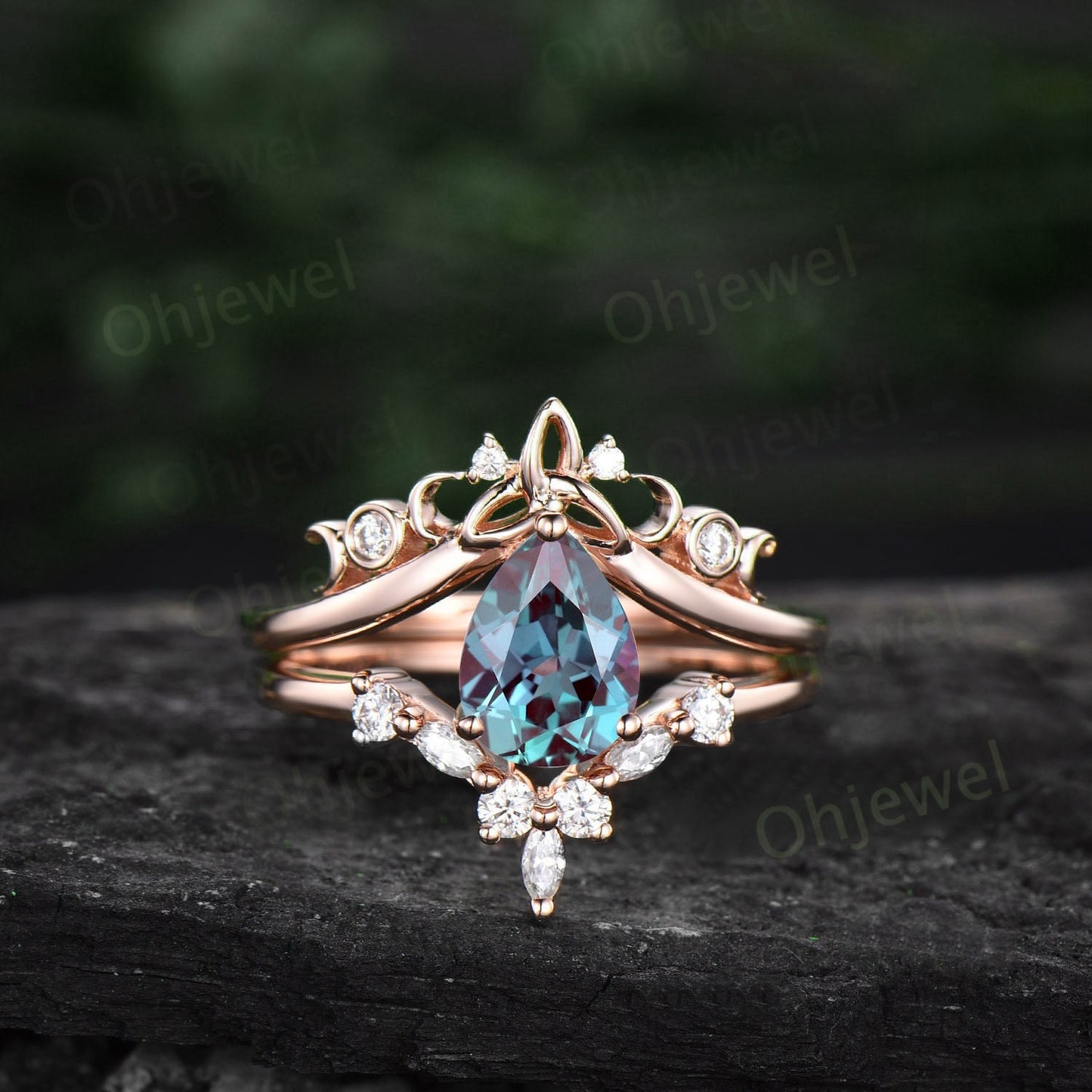Unique promise ring set pear shaped Alexandrite engagement ring set 14k rose gold vintage diamond ring set women cluster marquise cut ring
