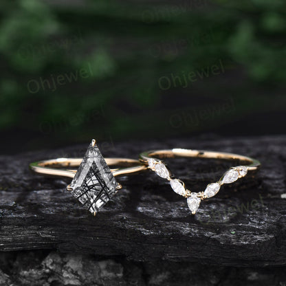 Vintage kite cut Black Rutilated Quartz engagement ring set yellow gold dainty moissanite ring unique Solitaire promise wedding ring women