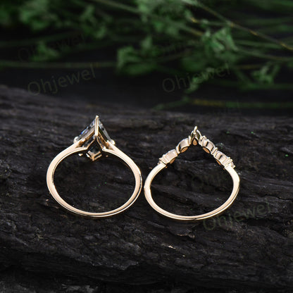 Vintage kite cut Black Rutilated Quartz engagement ring set yellow gold dainty moissanite ring unique Solitaire promise wedding ring women