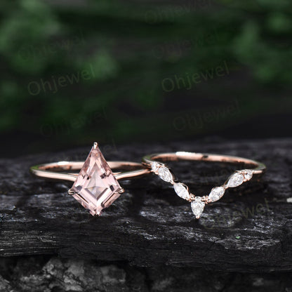 Vintage kite cut Morganite engagement ring set 14k rose gold marquise cut moissanite ring unique Solitaire promise wedding ring for women