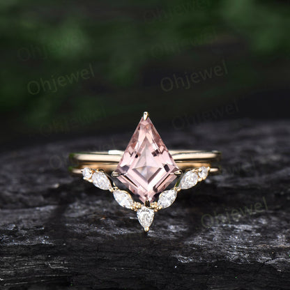 Vintage kite cut Morganite engagement ring set 14k rose gold marquise cut moissanite ring unique Solitaire promise wedding ring for women