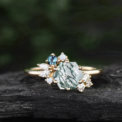1ct Hexagon cut green moss agate ring gold silver cluster unique engagement ring for women opal alexandrite marquise diamond wedding ring