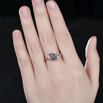 Vintage round cut black rutilated quartz engagement ring set rose gold cluster moissanite ring set black diamond wedding ring set for women