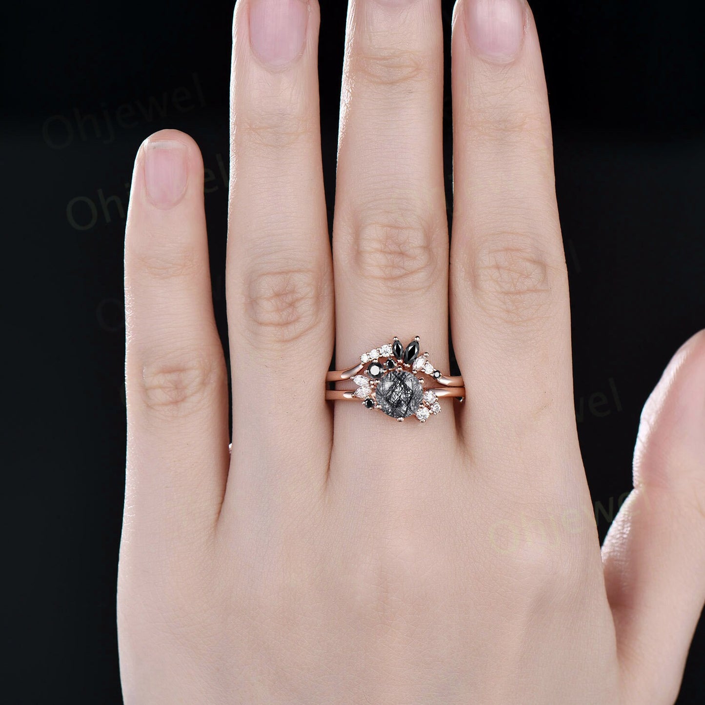 Vintage round cut black rutilated quartz engagement ring set rose gold cluster moissanite ring set black diamond wedding ring set for women