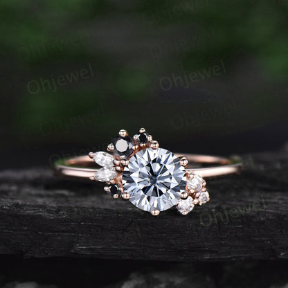 Vintage round cut Gray moissanite engagement ring set rose gold art deco cluster black diamond unique promise wedding ring set for women