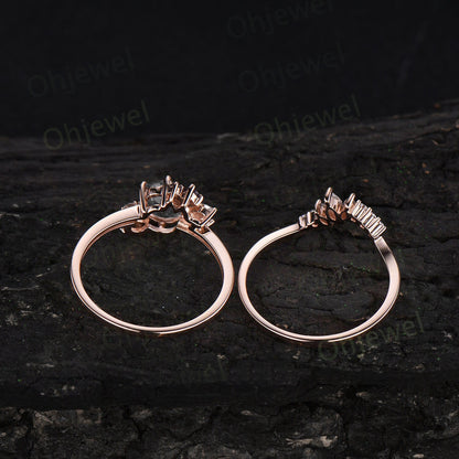 Vintage round cut Gray moissanite engagement ring set rose gold art deco cluster black diamond unique promise wedding ring set for women