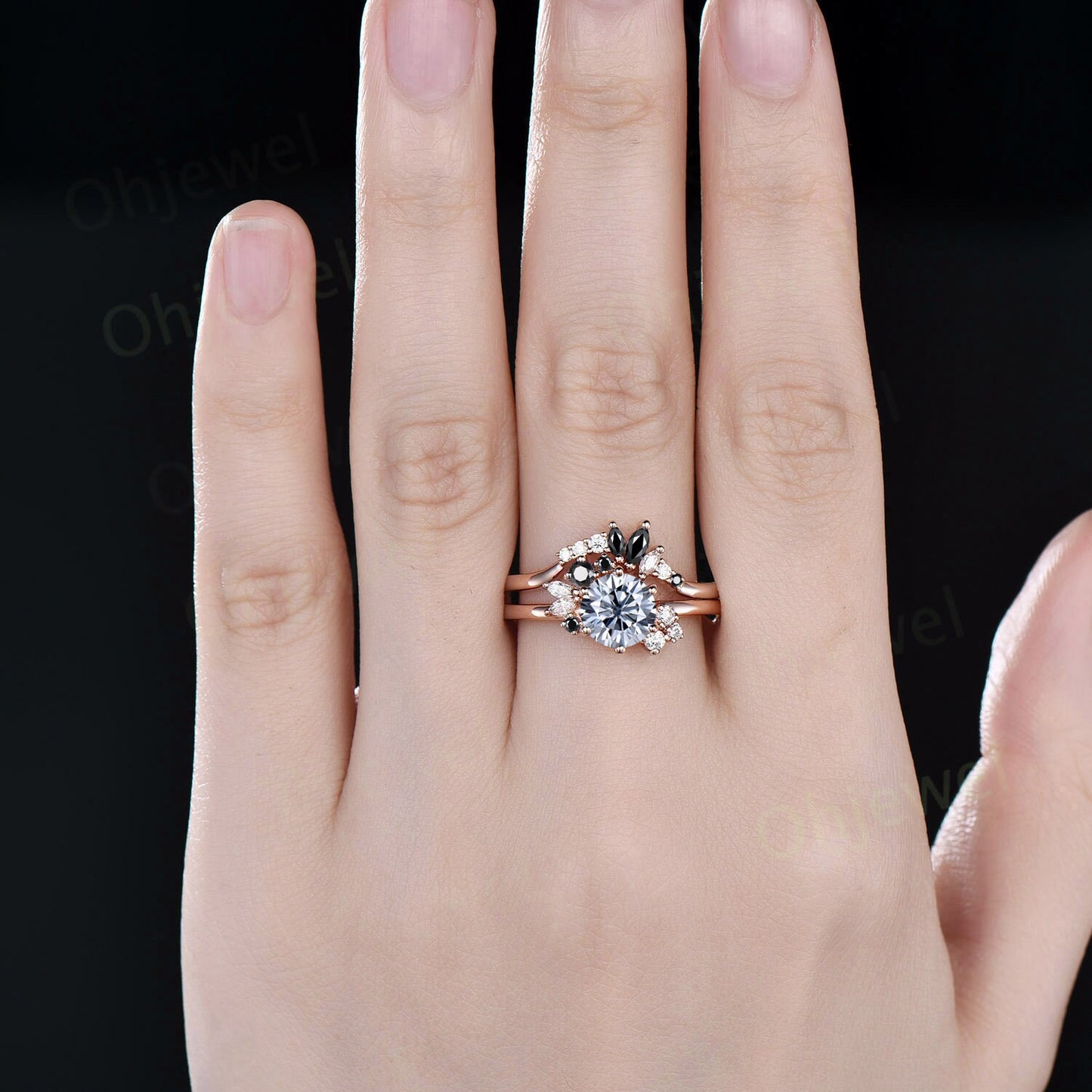 Vintage round cut Gray moissanite engagement ring set rose gold art deco cluster black diamond unique promise wedding ring set for women