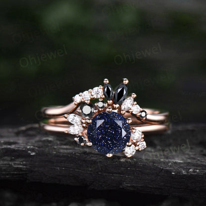 Vintage round cut blue sandstone engagement ring set rose gold silver cluster moissanite ring set black diamond wedding ring set for women