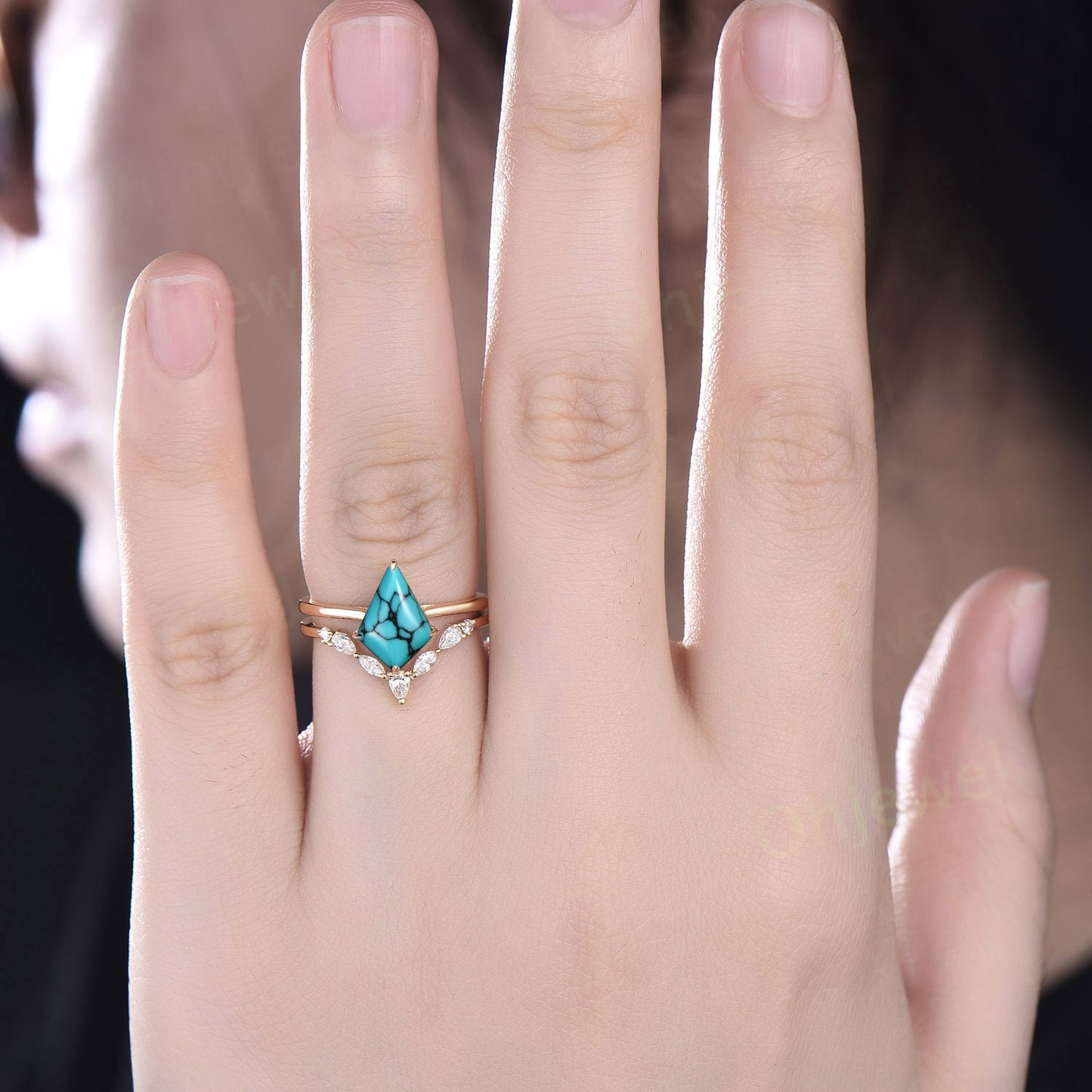 Kite natural Turquoise ring gold vintage unique engagement ring set Solitaire bridal wedding ring set women marquise moissanite ring gift