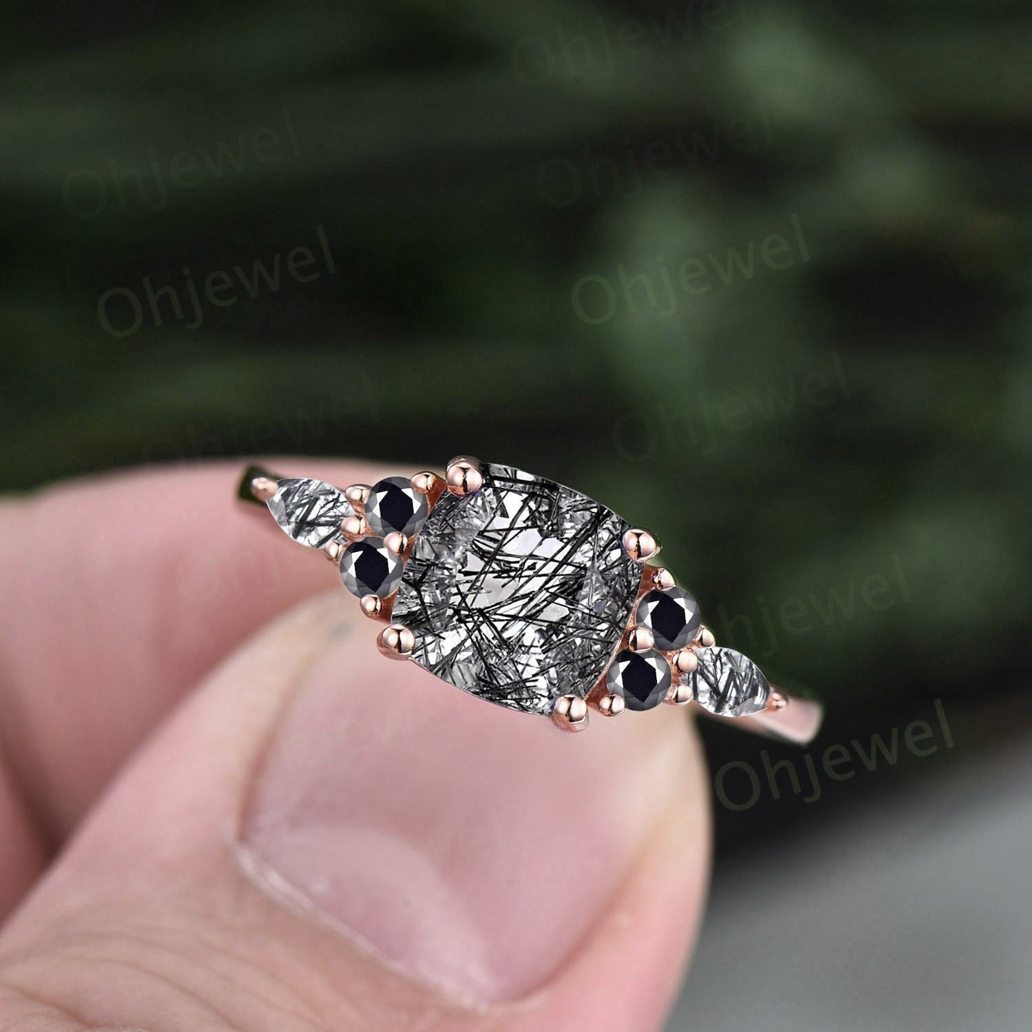 Vintage cushion cut black rutilated quartz ring rose gold unique engagement ring women marquise cut ring black diamond promise ring her gift