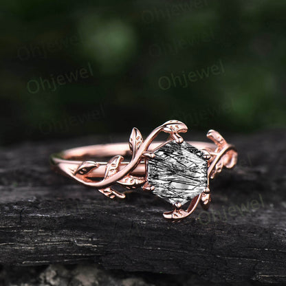 Vintage Hexagon cut black rutilated quartz ring rose gold leaf nature inspired solitaire engagement ring women unique promise wedding ring