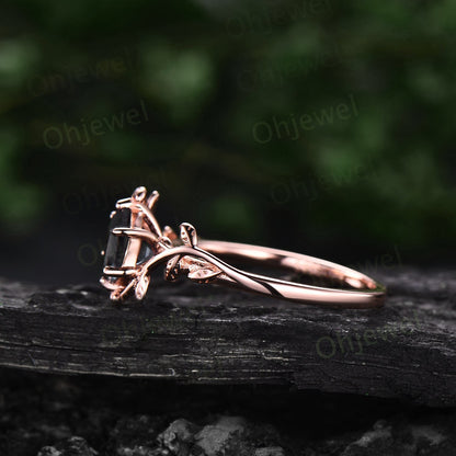 Vintage Hexagon cut black rutilated quartz ring rose gold leaf nature inspired solitaire engagement ring women unique promise wedding ring