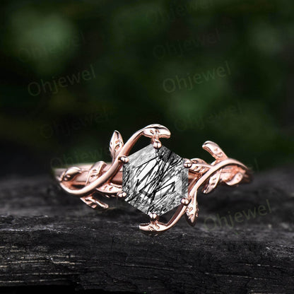 Vintage Hexagon cut black rutilated quartz ring rose gold leaf nature inspired solitaire engagement ring women unique promise wedding ring