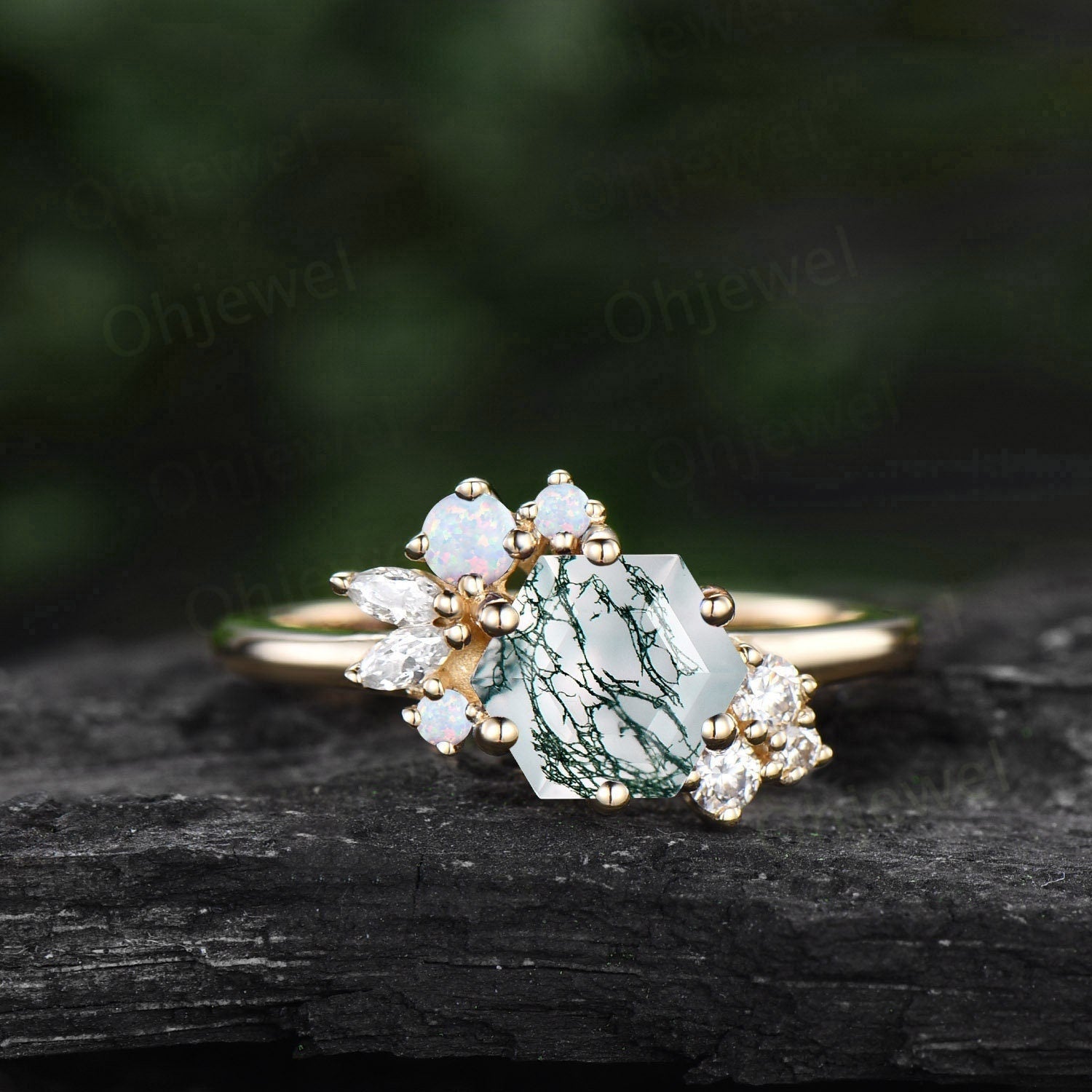 Rose Gold Moss Agate Ring 2024 Sterling Silver Wedding Ring Women Unique Moissanite Flower Band Prongs Set Aquatic Green Agate Promise Ring