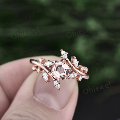 1ct Hexagon cut morganite ring rose gold vintage unique morganite engagement ring women leaf nature inspired marquise diamond promise ring