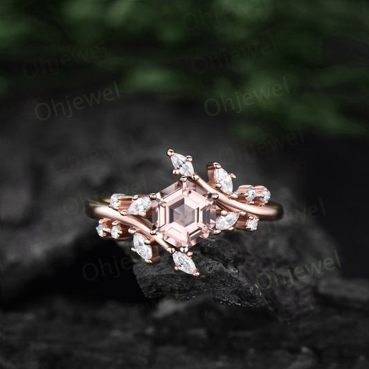 1ct Hexagon cut morganite ring rose gold vintage unique morganite engagement ring women leaf nature inspired marquise diamond promise ring