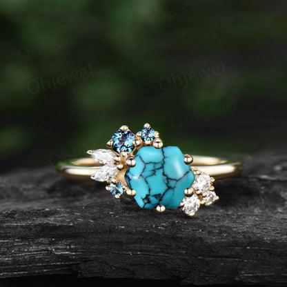Hexagon cut Turquoise ring rose gold for women vintage unique Turquoise engagement ring cluster marquise diamond wedding promise ring gift