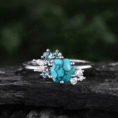 Hexagon cut Turquoise ring rose gold for women vintage unique Turquoise engagement ring cluster marquise diamond wedding promise ring gift