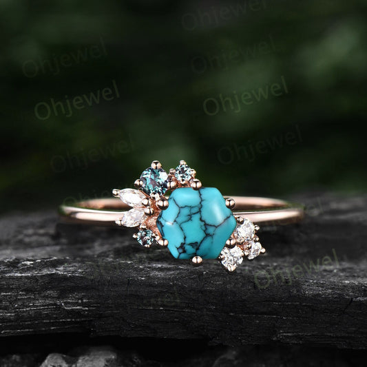 Hexagon cut Turquoise ring rose gold for women vintage unique Turquoise engagement ring cluster marquise diamond wedding promise ring gift