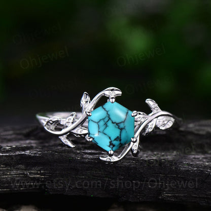 Hexagon Turquoise ring rose gold vintage unique leaf nature inspired engagement ring Vine Twisted wedding anniversary ring for women silver