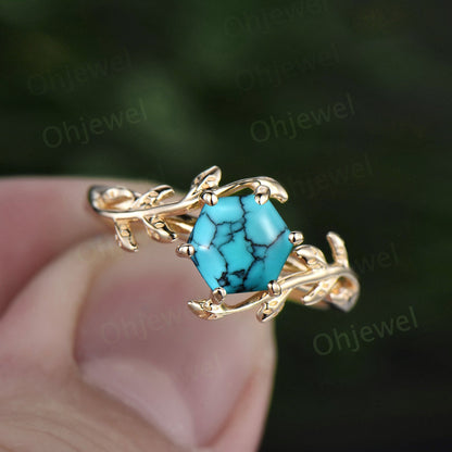 Hexagon Turquoise ring rose gold vintage unique leaf nature inspired engagement ring Vine Twisted wedding anniversary ring for women silver