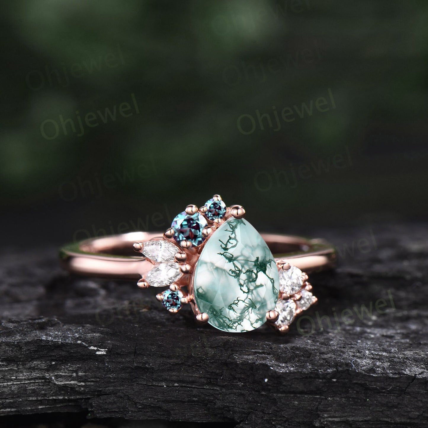 Pear shaped green moss agate ring rose gold vintage unique engagement ring cluster alexandrite ring marquise cut diamond wedding ring women
