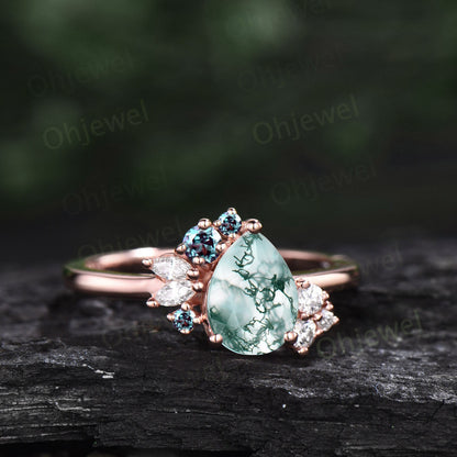 Pear shaped green moss agate ring rose gold vintage unique engagement ring cluster alexandrite ring marquise cut diamond wedding ring women