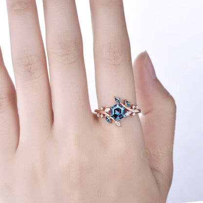 1ct hexagon cut Alexandrite engagement ring 14k rose gold sterling silver Leaves marquise diamond moissanite anniversary ring women gifts