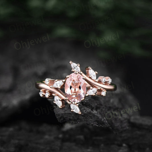 1ct oval natural morganite engagement ring 14k rose gold sterling silver marquise cut diamond moissanite wedding anniversary ring women gift