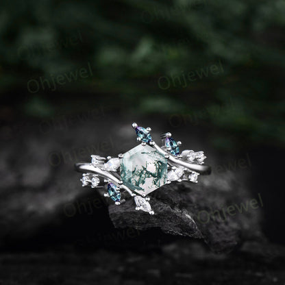 1ct hexagon cut green moss agate engagement ring 14k rose gold sterling silver marquise cut diamond alexandrite anniversary ring for women