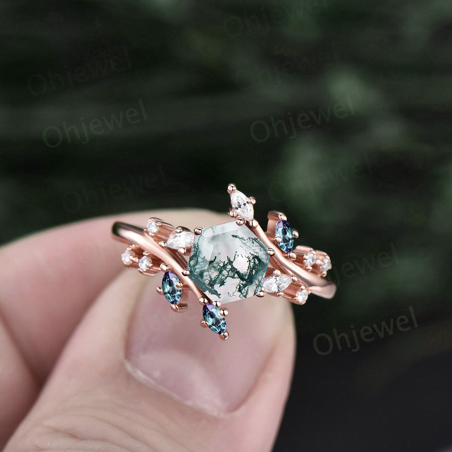 1ct hexagon cut green moss agate engagement ring 14k rose gold sterling silver marquise cut diamond alexandrite anniversary ring for women