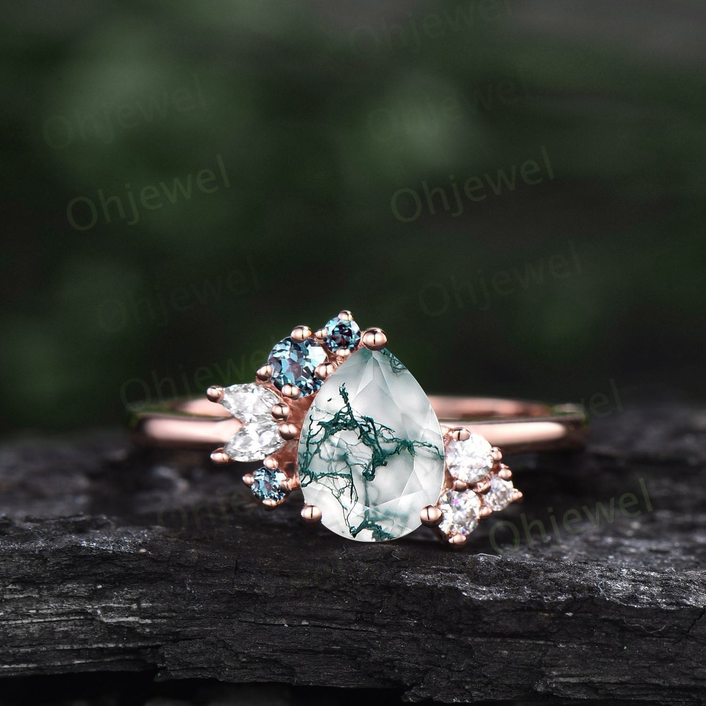 Pear shaped green moss agate ring rose gold vintage unique engagement ring cluster alexandrite ring marquise cut diamond wedding ring women
