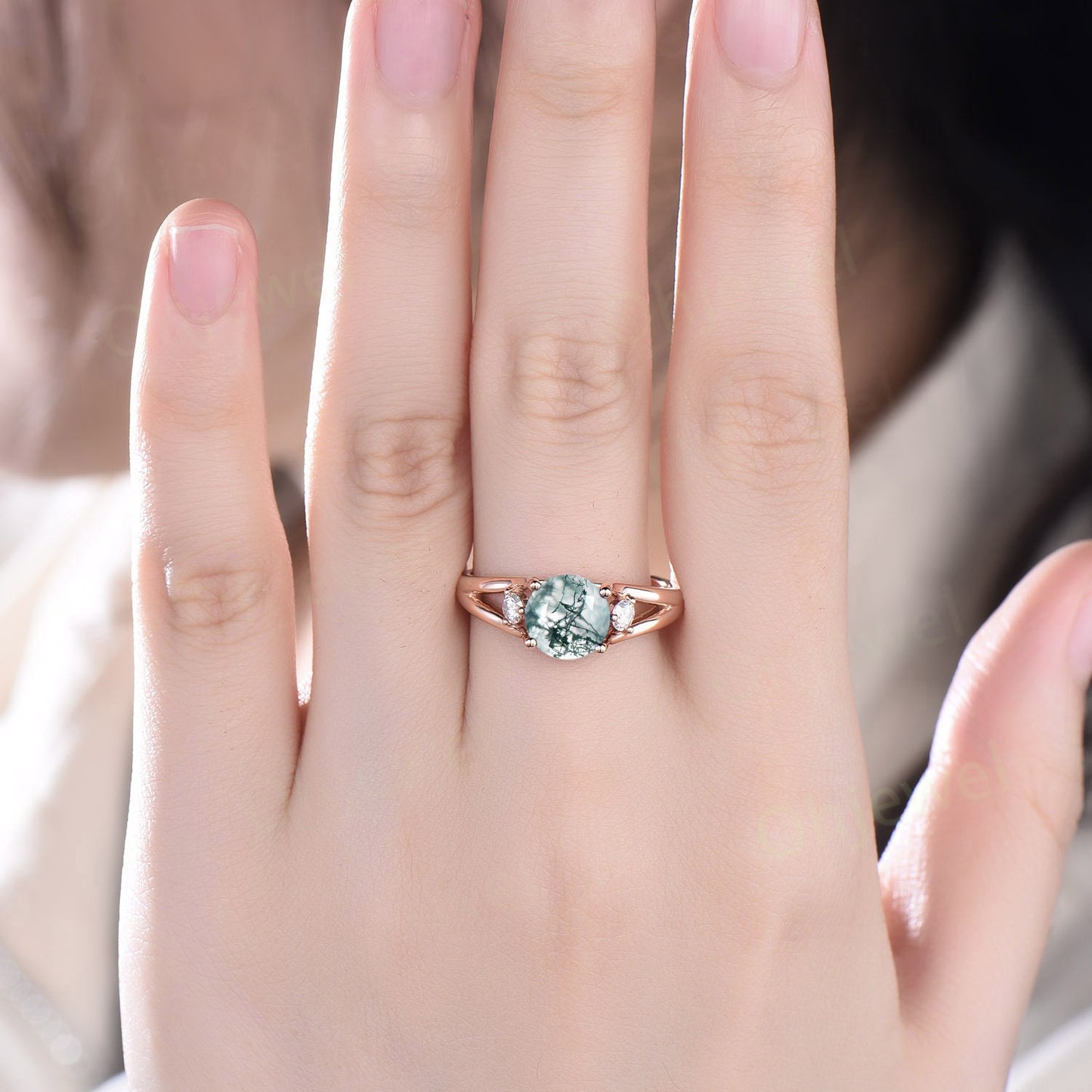 2ct Round cut moss agate ring three stone engagement ring rose gold split shank moissanite ring women promise anniversary wedding ring gifts