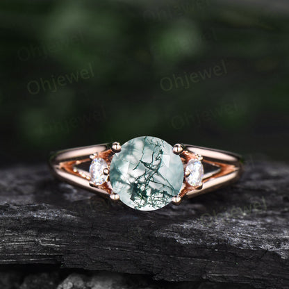2ct Round cut moss agate ring three stone engagement ring rose gold split shank moissanite ring women promise anniversary wedding ring gifts