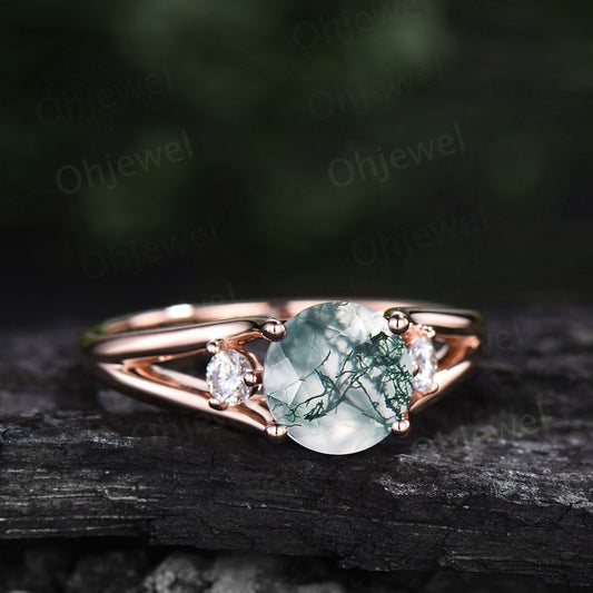 2ct Round cut moss agate ring three stone engagement ring rose gold split shank moissanite ring women promise anniversary wedding ring gifts