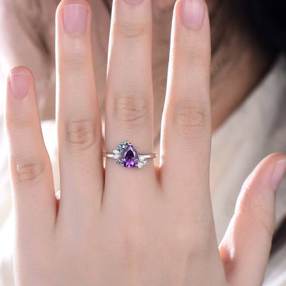 Pear shaped purple Amethyst ring rose gold vintage unique engagement ring cluster alexandrite ring marquise diamond anniversary ring women