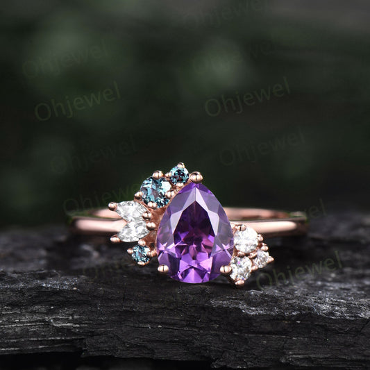Pear shaped purple Amethyst ring rose gold vintage unique engagement ring cluster alexandrite ring marquise diamond anniversary ring women