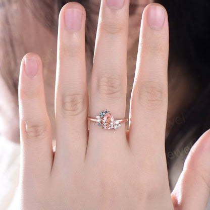 Pear shaped morganite ring rose gold vintage unique morganite engagement ring art deco diamond alexandrite ring women bridal wedding ring