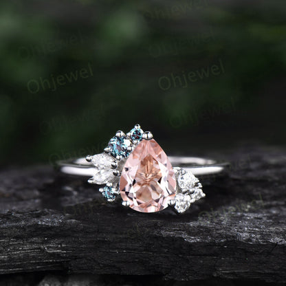 Pear shaped morganite ring rose gold vintage unique morganite engagement ring art deco diamond alexandrite ring women bridal wedding ring