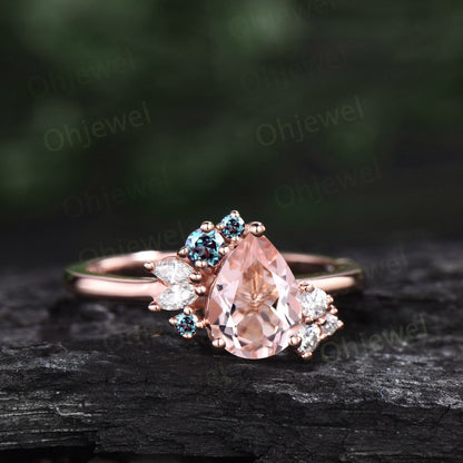 Pear shaped morganite ring rose gold vintage unique morganite engagement ring art deco diamond alexandrite ring women bridal wedding ring