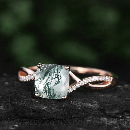 Vintage cushion cut moss agate engagement ring solid 14k rose gold infinity Twisted half eternity diamond ring anniversary ring for women